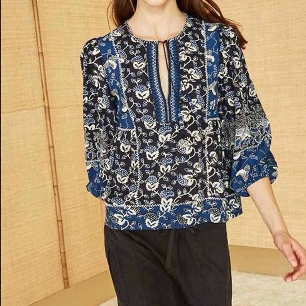 Ulla Johnson Coastal Cowgirl Indigo Batik Boho Tassel Puff Sleeve Cotton Blouse